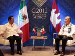 El presidente de México, Felipe Calderón, durante la reunión bilateral con el primer ministro del Reino de Camboya, Hun Sen. NTX  /