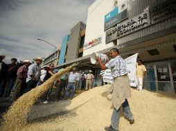 Un grupo de maiceros jaliscienses descargó un camión de este cereal en la banqueta de la delegación de la Secretaría de Economía.  /