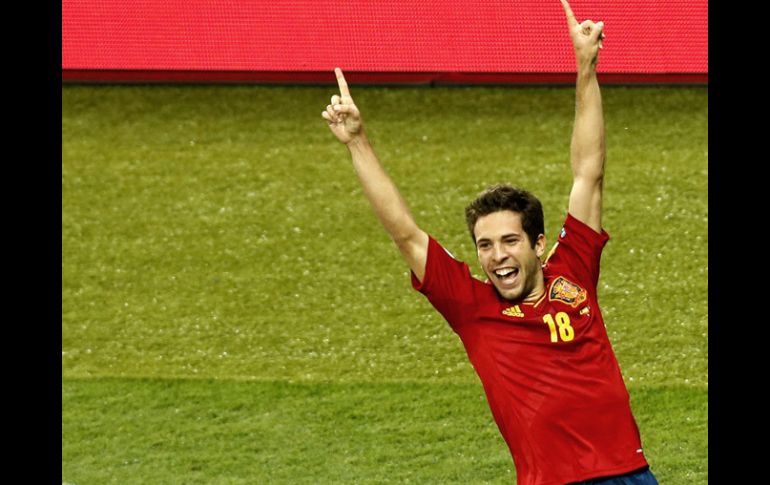 Jordi Alba celebra el segundo gol de la selección de España en el partido. EFE  /