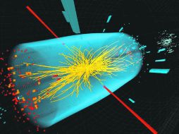 La imagen muestra una colisión entre protones en el campo de Higgs (azul), que daría como resultado la forma y tamaño de la materia.NTX  /