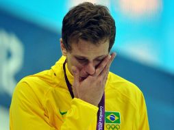 El brasileño Cesar Cielo reacciona tras ganar la medalla de bronce en la final de los 50m estilo libre masculino. EFE  /