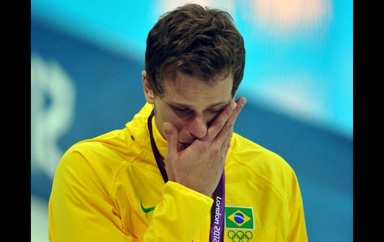 El brasileño Cesar Cielo reacciona tras ganar la medalla de bronce en la final de los 50m estilo libre masculino. EFE  /