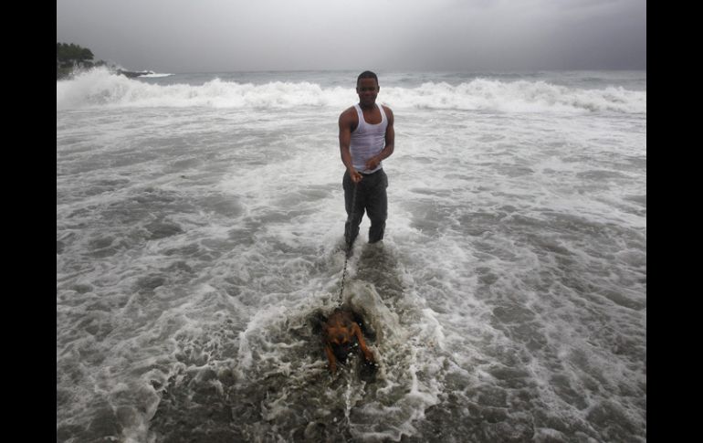 Un hombre pasea con su perro en el mar en República Dominicana, durante el paso de ''Ernesto''. ARCHIVO  /