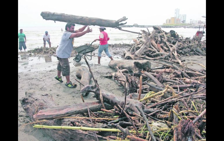 La limpieza. Personal de Boca del Río retira el material que arrastró la tormenta tropical hacia la playa. EL UNIVERSAL  /