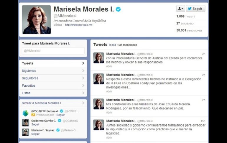 La procuradora general de la República, Marisela Morales, lamentó el hecho a través de su cuenta de Twitter. ESPECIAL  /