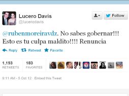 A través de Twitter, desde una cuenta a nombre de Lucero Davis, viuda de José Eduardo Moreira, se lanzó un reclamo. ESPECIAL  /