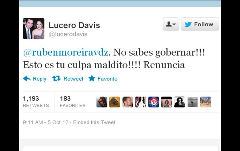 A través de Twitter, desde una cuenta a nombre de Lucero Davis, viuda de José Eduardo Moreira, se lanzó un reclamo. ESPECIAL  /