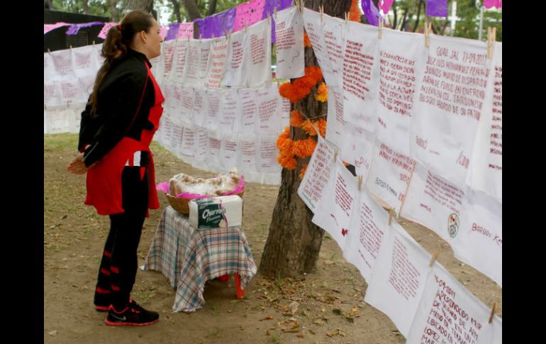 Los pañuelos fueron colocados uno al lado del otro en distintas cuerdas sostenidas de árboles en el parque.  /