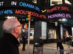 Las proyecciones de los resultados se proyectan en Times Square, Nueva York. EFE  /