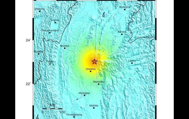 Imagen que muestra el epicentro de terremoto de 6.8 grados de magnitud que tuvo lugar en Birmania. EFE  /