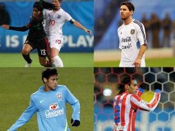 La mexicana Olivia Jiménez, Messi, Neymar y Falcao (izquierda a derecha) son algunos de los nominados al Trofeo Puskas. ESPECIAL  /