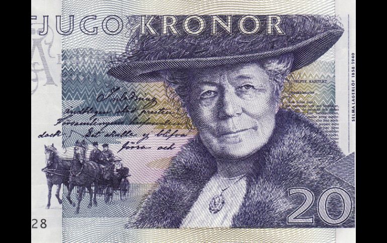 Fracción del billete de 20 coronas suecas de 2006, con el rostro de la escritora Selma Lagerlof. ESPECIAL  /