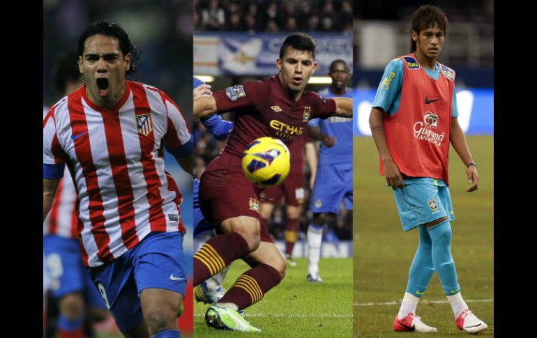 Los latinoamericanos (izquierda a derecha) Radamel Falcao, Sergio Agüero y Neymar también aspiran al galardón. ESPECIAL  /