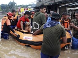 Miembros de las Fuerzas aéreas evacúan a varias personas debido a las inundaciones sufridas al paso del tifón ''Bopha''. EFE  /