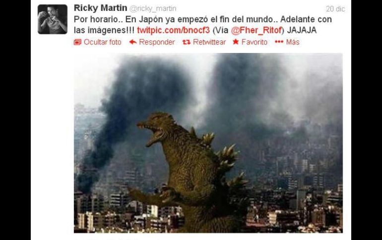 Ricky Martin tomó con humor esta predicción al publicar una foto de ''Godzilla''. ESPECIAL  /