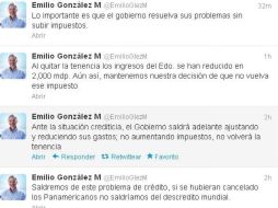 Mensajes de Emilio González, escritos en su cuenta de Twitter. ESPECIAL  /