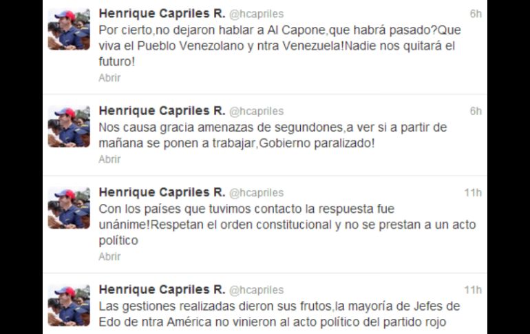 Capriles escribió su inconformidad a través de su cuenta en Twitter . ESPECIAL @hcapriles  /