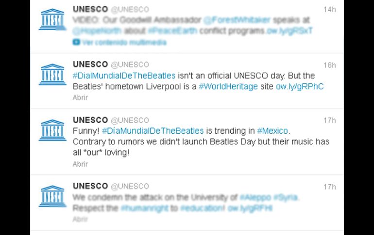 En la cuenta oficial de la UNESCO se puede leer el mensaje desmintiendo el rumor del día internacional de The Beatles. ESPECIAL /