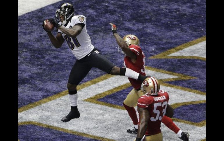 Anquan Boldin captura un pase para anotación en el Super Bowl XLVII. AP /