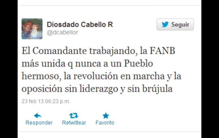 Diosdado Cabello asegura en Twitter que las Fuerzas Armadas están unidas. TOMADA DE @dcabellor  /