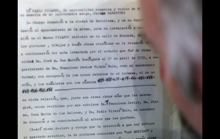 Carta del pintor Pablo Ruiz Picasso en la que dona parte de su obra al museo Picasso de Barcelona. EFE /