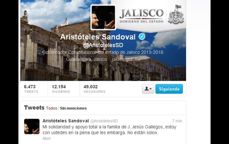 Sandoval Díaz escribió en @AristotelesSD: “Mi solidaridad y apoyo total a la familia de J. Jesús Gallegos''. ESPECIAL /