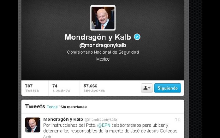 El funcionario escribió el mensaje en su cuenta de la red social Twitter, @mondragonykalb. ESPECIAL /