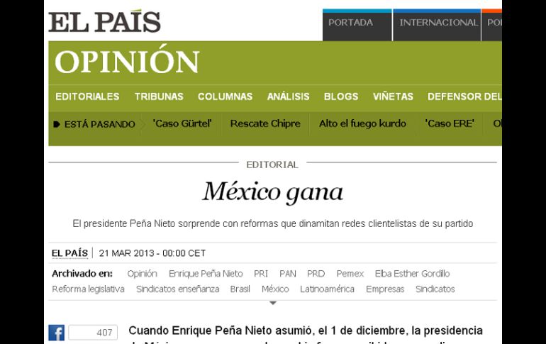 l diario español El País publicó una editorial con el nombre ''México gana''. ESPECIAL /