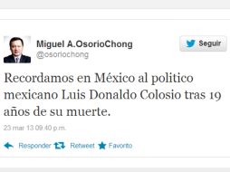 El titular de la Segob destaca al político mexicano Colosio a través de Twitter. TOMADA DE @osoriochong ARCHIVO /