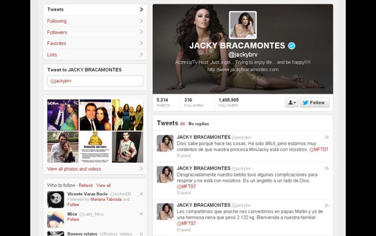 La actriz y conductora, Jacky Bracamontes, anunció en su cuenta de twitter que se convirtió en madre. ESPECIAL /