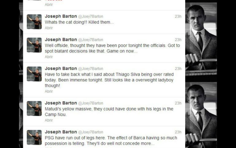 Imagen tomada de la cuenta de Twitter de Barton @Joey7Barton. ESPECIAL /