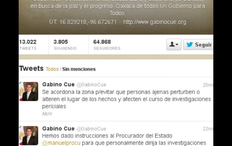 El gobernador de Oaxaca da indicaciones a organismos civiles y gubernamentales para asistencia inmediata. TOMADA DE @GabinoCue ESPECIAL /