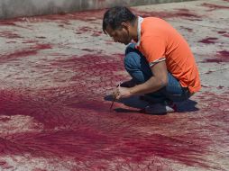 Imran Qureshi pintando su instalación ''¿Cuántas lluvias se necesitarán para borrar estas manchas de sangre?''. EFE /