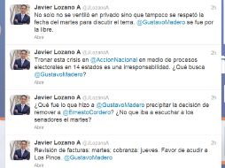 Javier Lozano muestra su inconformidad por la decisión de Madero a través de su cuenta en Twitter. TOMADA DE @JLozanoA  /