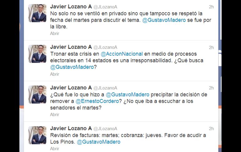 Javier Lozano muestra su inconformidad por la decisión de Madero a través de su cuenta en Twitter. TOMADA DE @JLozanoA  /