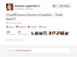 Andrea Legarreta calificó al temblor como fuerte. ESPECIAL /