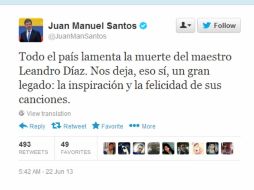 El presidente colombiano Juan Manuel Santos lamentó el fallecimiento del artista en un mensaje en su cuenta de Twitter. ESPECIAL /