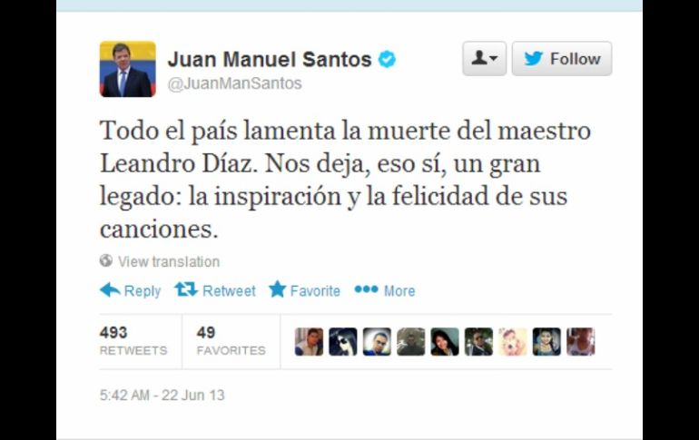 El presidente colombiano Juan Manuel Santos lamentó el fallecimiento del artista en un mensaje en su cuenta de Twitter. ESPECIAL /