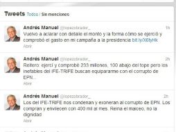 Andrés Manuel López Obrador se refiere a la disposición del IFE en su cuenta de Twitter. ESPECIAL /