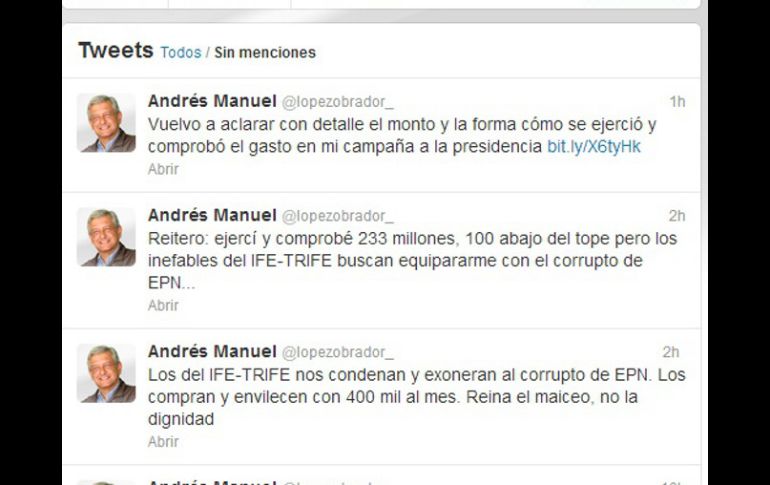 Andrés Manuel López Obrador se refiere a la disposición del IFE en su cuenta de Twitter. ESPECIAL /