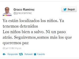 El gobernador Ramírez asegura a través de su cuenta en Twitter que los niños ya fueron localizados. TOMADA DE @gracoramirez  /