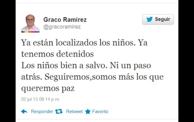 El gobernador Ramírez asegura a través de su cuenta en Twitter que los niños ya fueron localizados. TOMADA DE @gracoramirez  /