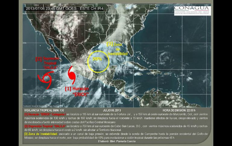 El huracán ''Erick'' se sigue desplazando hacia el noroeste del país. ESPECIAL /