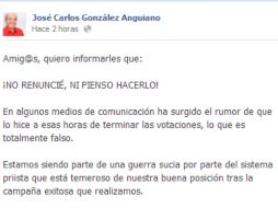 José González dio a conocer que no renunció a través de su página en Facebook. TOMADA DE SITIO OFICIAL  /