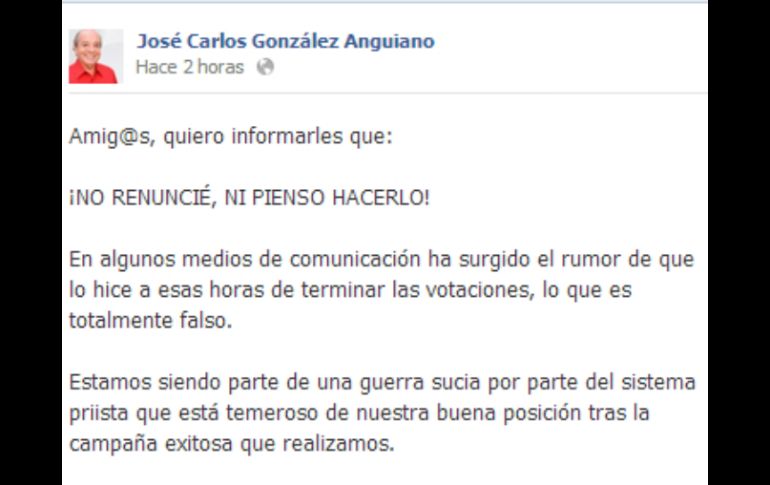 José González dio a conocer que no renunció a través de su página en Facebook. TOMADA DE SITIO OFICIAL  /