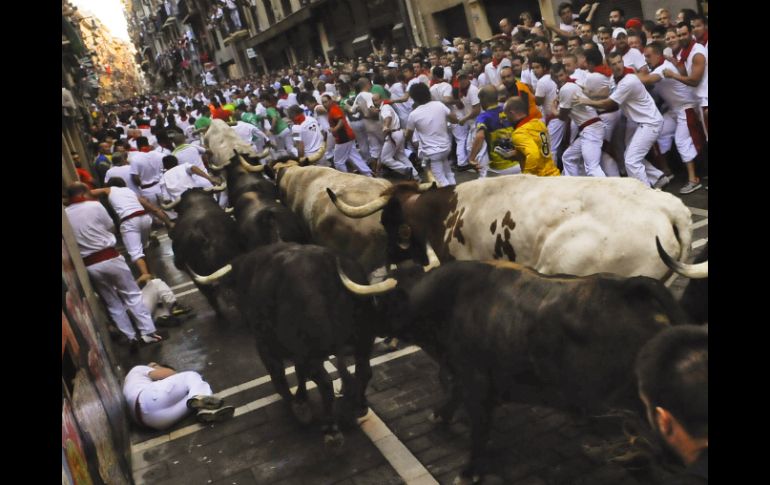 En ningún momento los toros intentaron embestir a los ''mozos''. AP /