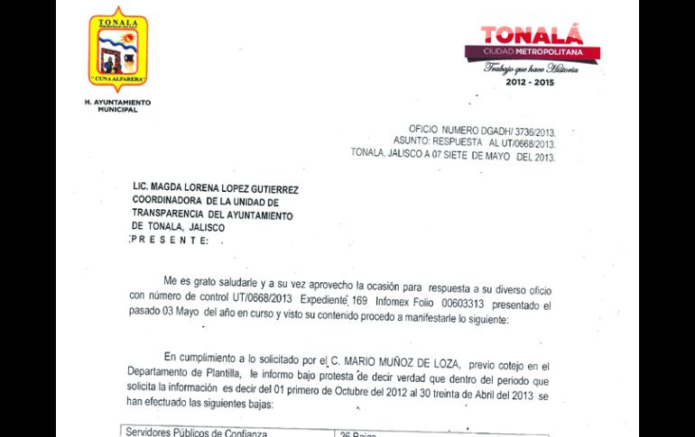 Expediente 1692013 vía Ley de Información. De octubre a abril sólo se registraron 33 bajas. ESPECIAL /