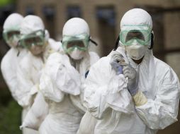 Técnicos del Centro de Epidemiología Veterinaria portan bolsas que contienen restos de aves en una granja de la aldea de Naghkhel. EFE /