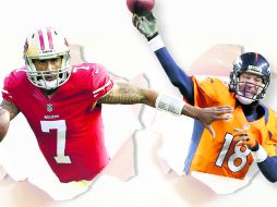 Colin Kaepernick (izq) QB de San Francisco y el vetarano, Peyton Manning (der) pasador de Denver. ESPECIAL /