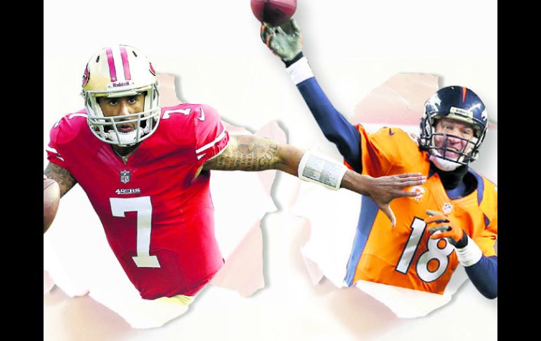 Colin Kaepernick (izq) QB de San Francisco y el vetarano, Peyton Manning (der) pasador de Denver. ESPECIAL /